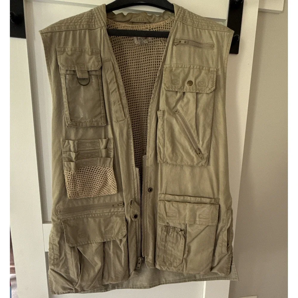 Banana Republic Mens L Beige Cotton Fishing Vest Vintage Utility Multi-Pocket